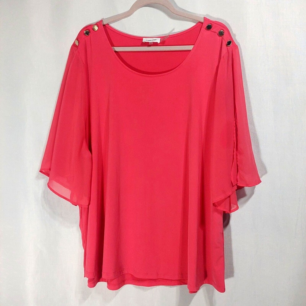 Calvin Klein Womens 3X‎ Dressy Blouse Wide Sheer Slit Short Sleeves Stretch